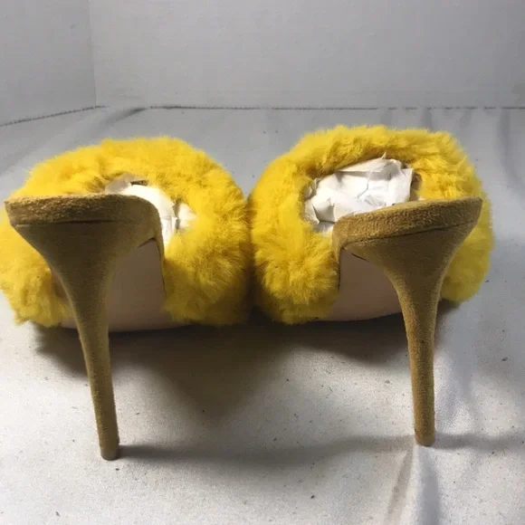 Cape Robbin Women’s Sexy Yellow Faux Fur and Suede 4 1/2 Inch Slip On Stilettos